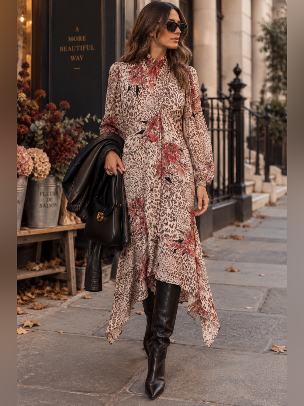 Floral Leopard Print High-Low Midi Dress - Pink